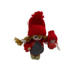 Vintage 3" Wooden Swedish Tomte Girl Holding Her Doll Handmade Handpainted